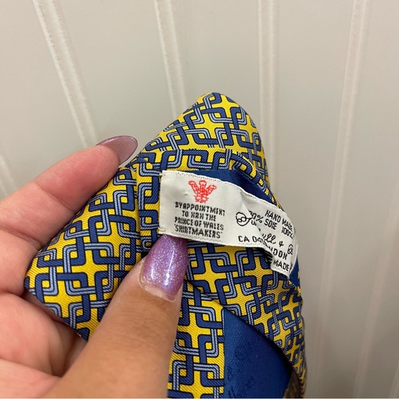 Turnbull & Asser Yellow Silk Necktie Interlocking Blue Square Print - Picture 4 of 5